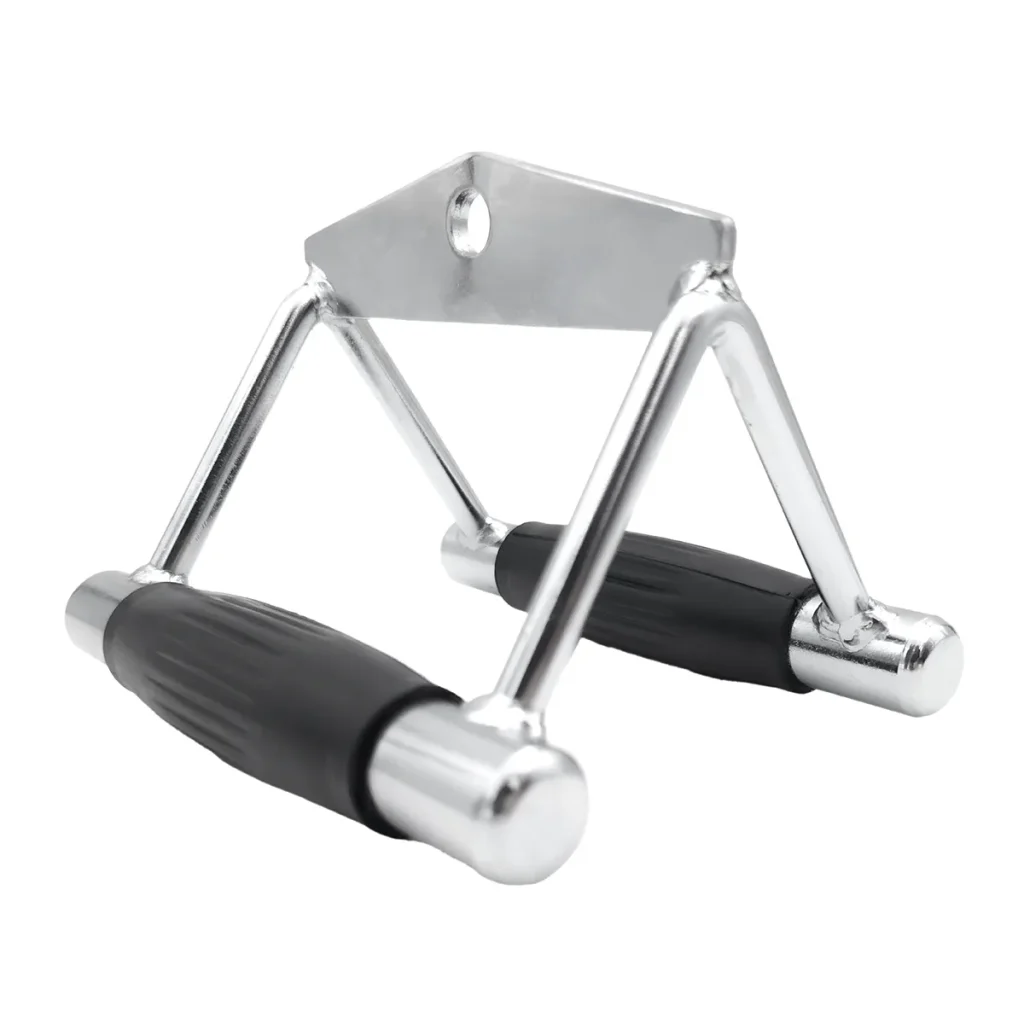 Close-up of the Seated Row Handle with Rubber Coated Handles, featuring a chrome-plated V-shaped design and black rubber grips, ideal for gym exercises such as seated rows and lat pulldowns.