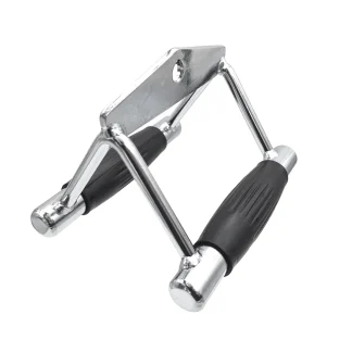 A close-up of the Seated Row Handle with Rubber Coated Handles, a metal double D attachment featuring black rubber grips, typically used for cable machines in strength training and gym workouts.