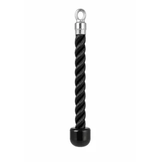 The Single Tricep Rope is a black twisted attachment with a metal loop at the top and a rounded rubber stopper at the bottom, designed for gym or fitness equipment.