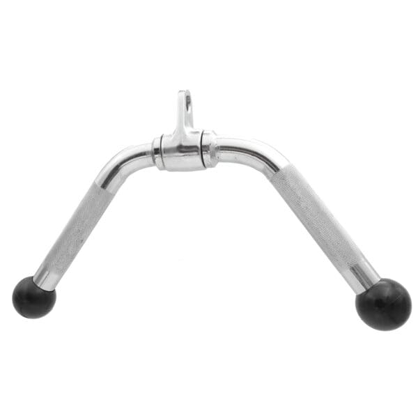 The Wide Press Down Bar features a chrome finish and has two textured handles extending from a central bracket, each ending with a black rubber cap for secure grip during workouts.