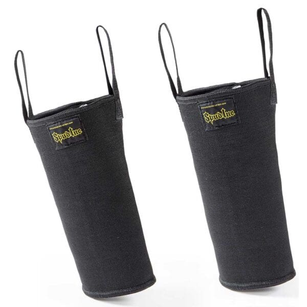 Two black Spud Knee Sleeves 1 Ply stand upright with sturdy handles, featuring a yellow Spotloc logo on the front. The textured, durable material suggests reliable protection.