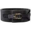 The Spud Inc Pro Powerlifting Belt in black features a sturdy metal buckle and durable woven material, coiled elegantly against a white background.