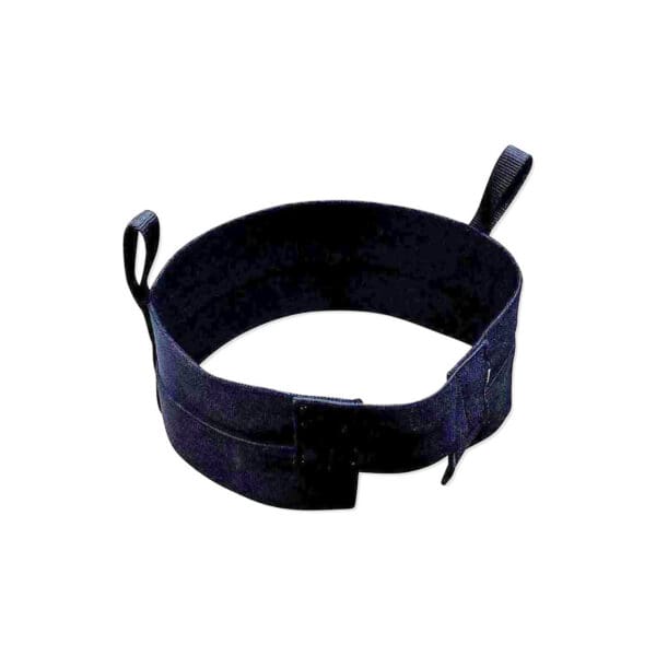 The Spud Inc Sled Pulling Belt is a sturdy black circular band with two small loops, ideal for securing or holding objects.