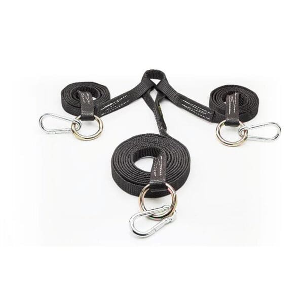 The Spud Inc Strongman Harness features black nylon tow straps with metal carabiner hooks on both ends, arranged in a Y-shape.