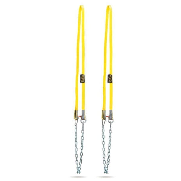 The Spud Inc Strongman Harness features two bright yellow lifting slings displayed vertically, each with a top loop for securing. The metal chains linked at the bottom are designed for heavy lifting applications.