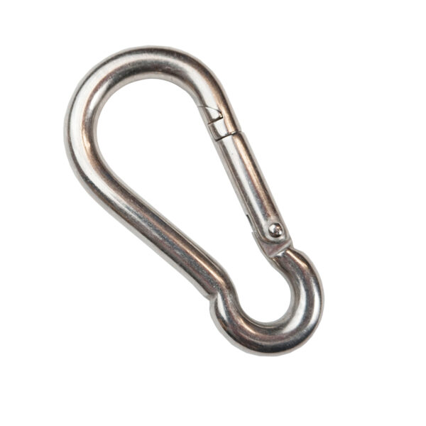 The 8mm Triangle Carabiner for Cable Attachments, depicted against a plain white background, features a spring-loaded gate. Its robust construction ensures reliability, making it ideal for securing items in climbing or other activities.