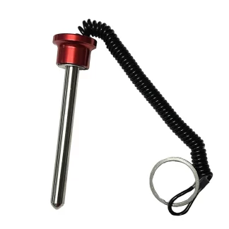 A Magnetic 10 mm x 100 mm Aluminium Weight Stack Pin with a red handle, long silver shaft, and attached black coiled lanyard ending in a metal keyring loop.