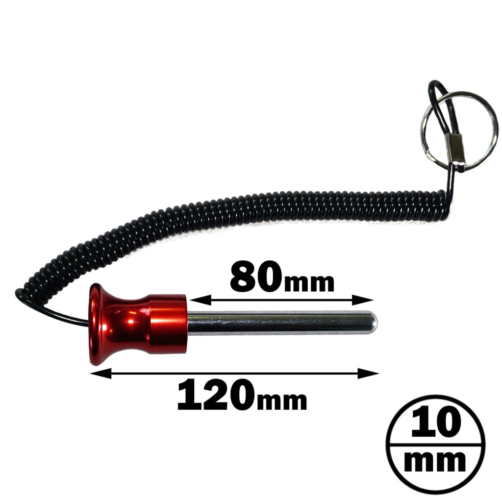 The Magnetic 10 mm x 80 mm Aluminium Weight Stack Pin features a red handle, coiled black cord, and metal key ring. It measures a total length of 120 mm with an 80 mm head length and a 10 mm diameter.