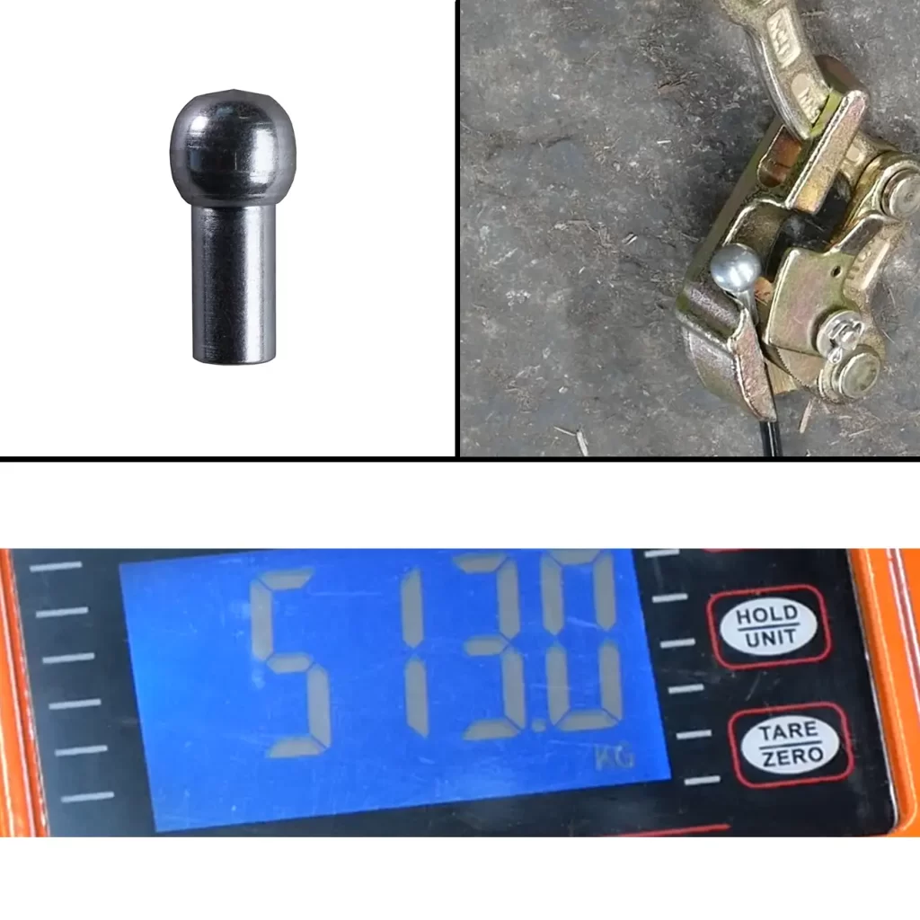 A Cable Bell End 14mm Nipple is shown alone (top left) and installed in a clamp mechanism (top right), with a digital scale reading 513.0 kg displayed below.