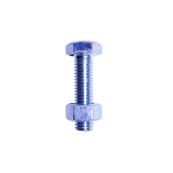 A close-up shows a Cable Gym Bolt M12 with hexagonal nuts on each end, oriented vertically against a plain white background.