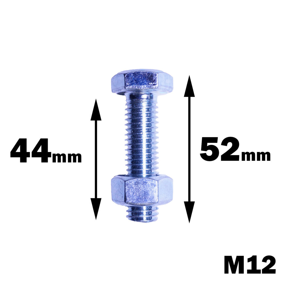 A metallic Cable Gym Bolt M12 with nuts on both ends, labeled 44mm on the left and 52mm on the right, showing the lengths from bolt ends to nut edges. The background is white.