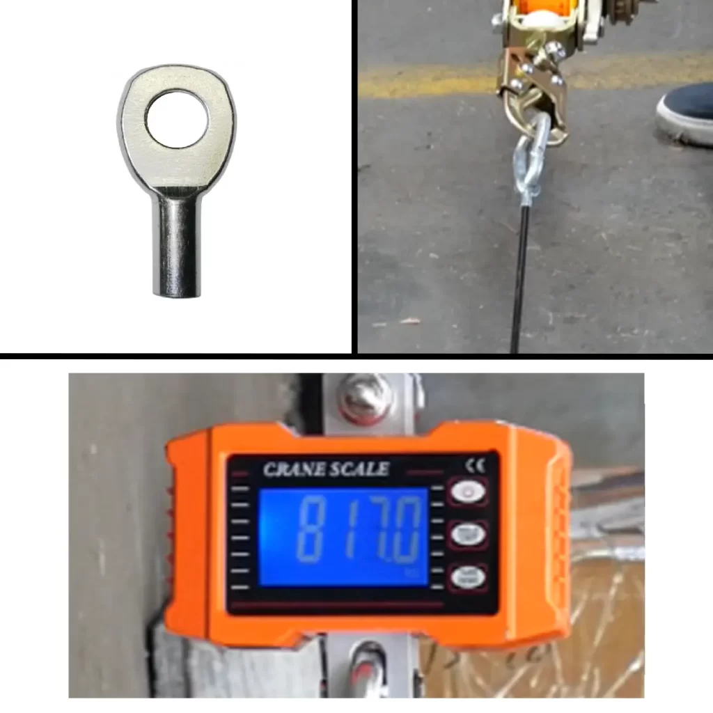 A Gym Cable Swage Eyelet is attached to a hook and pulley system, with a digital crane scale showing a weight of 8170.