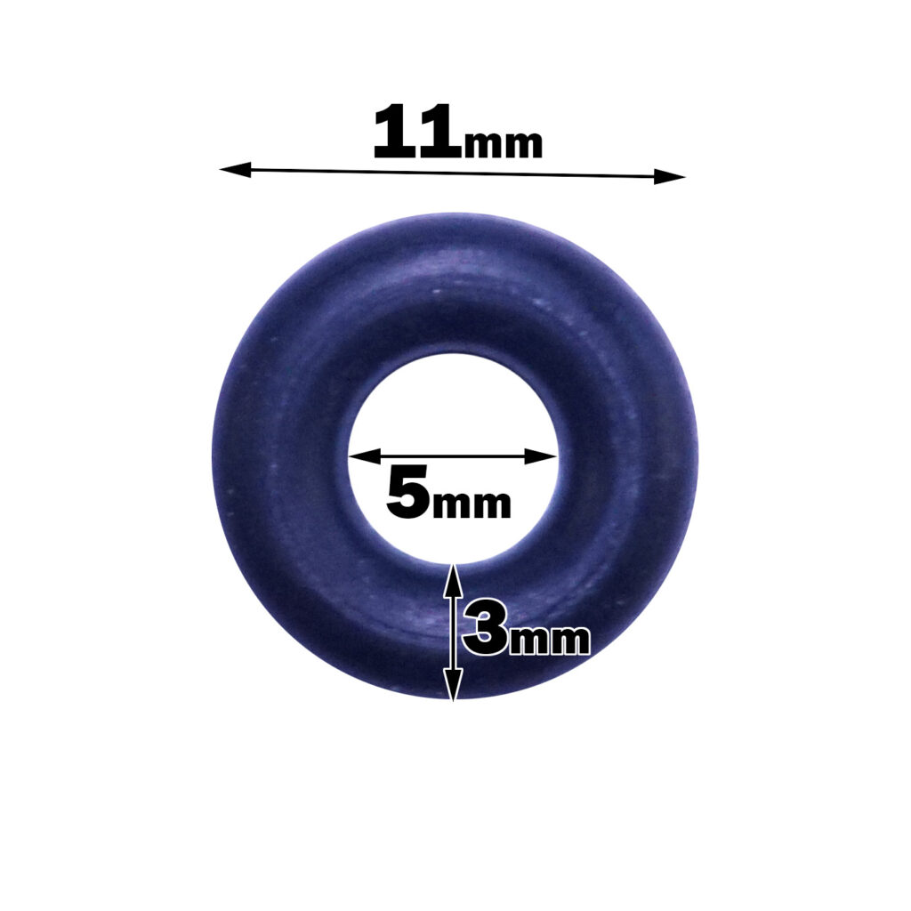 A dark-colored O-ring from Replacement Gym Cable Manufacture has an outer diameter of 11mm, an inner diameter of 5mm, and a thickness of 3mm. Arrows and labels indicate the dimensions.