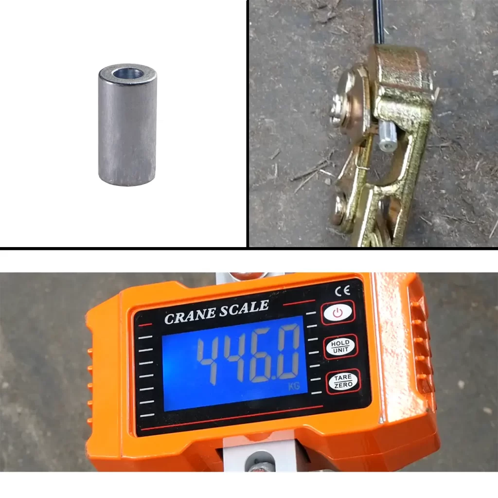 A Round Cable Ferrule End Stop, a close-up of a ratchet mechanism with cable, and an orange digital crane scale showing 44.60 kg.