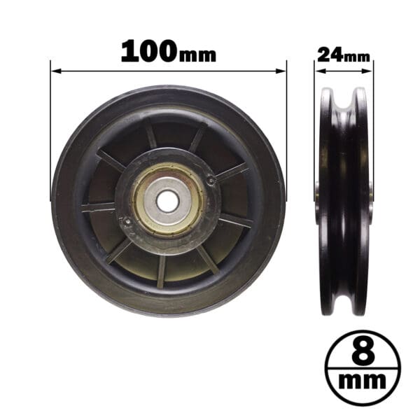 The 100mm Cable Pulley is black, features a 100 mm diameter in the front view, a width of 24 mm in the side view, and includes an inset circle with an 8 mm diameter central hole.