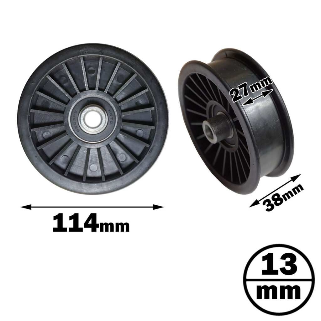 The image features two Belt Pulley 114mm wheels, one facing forward labeled 114mm and another angled, showcasing 27mm and 38mm dimensions. A circle beneath displays 13mm.