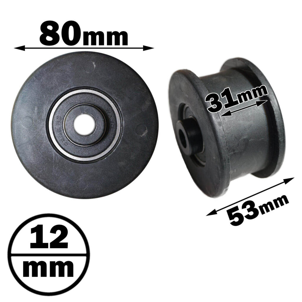 Two black rubber wheels, each labeled: 80mm diameter, 12mm hole diameter and 31mm width, 53mm total length respectively. They are shown alongside the Belt Pulley 114mm.