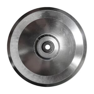 A close-up of a 150mm Aluminium Pulley, metallic with a hole in the center, featuring a smooth, reflective surface and sharp edges, set against a plain white background.