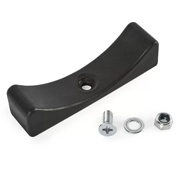 Dumbbell Saddle in black features a curved metal bar with a central hole and comes with a silver screw, washer, and nut on a white background.