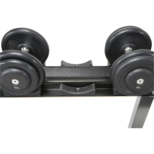 A set of Dumbbell Saddles with circular weights sits neatly on a rack. Each saddle supports multiple weight discs on either side, and the rack is made of a sturdy metal frame.