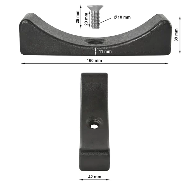 The Dumbbell Saddle features a black metal bracket with a centered hole and curved edges. Its dimensions are 160 mm wide, 39 mm high, 42 mm deep, with a hole height of 25 mm. The accompanying screw measures 20 mm in length and has a diameter of 10 mm.