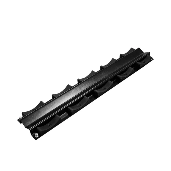 A black Dumbbell Saddle features nine curved cable holders for wall dumbbell, designed to organize and manage multiple dumbbells.