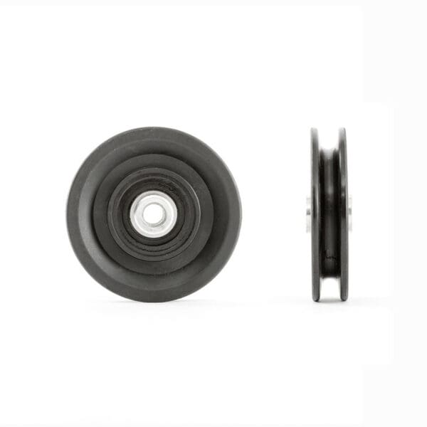The image features two Cable Pulley 90mm wheels in black with metal centers on a white background. One wheel is shown front-on and the other side-on, showcasing its slim profile.