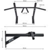 Image of the ATX® Chin Up Bar Wall Mounted in black, showcasing dimensions: top view with 48 cm width, 15 cm grip spacing, and a handle diameter of 42.5 mm; side view with height of 25 cm, length of 56 cm, rod diameter of 27 mm; featuring ATX logo on side arm.