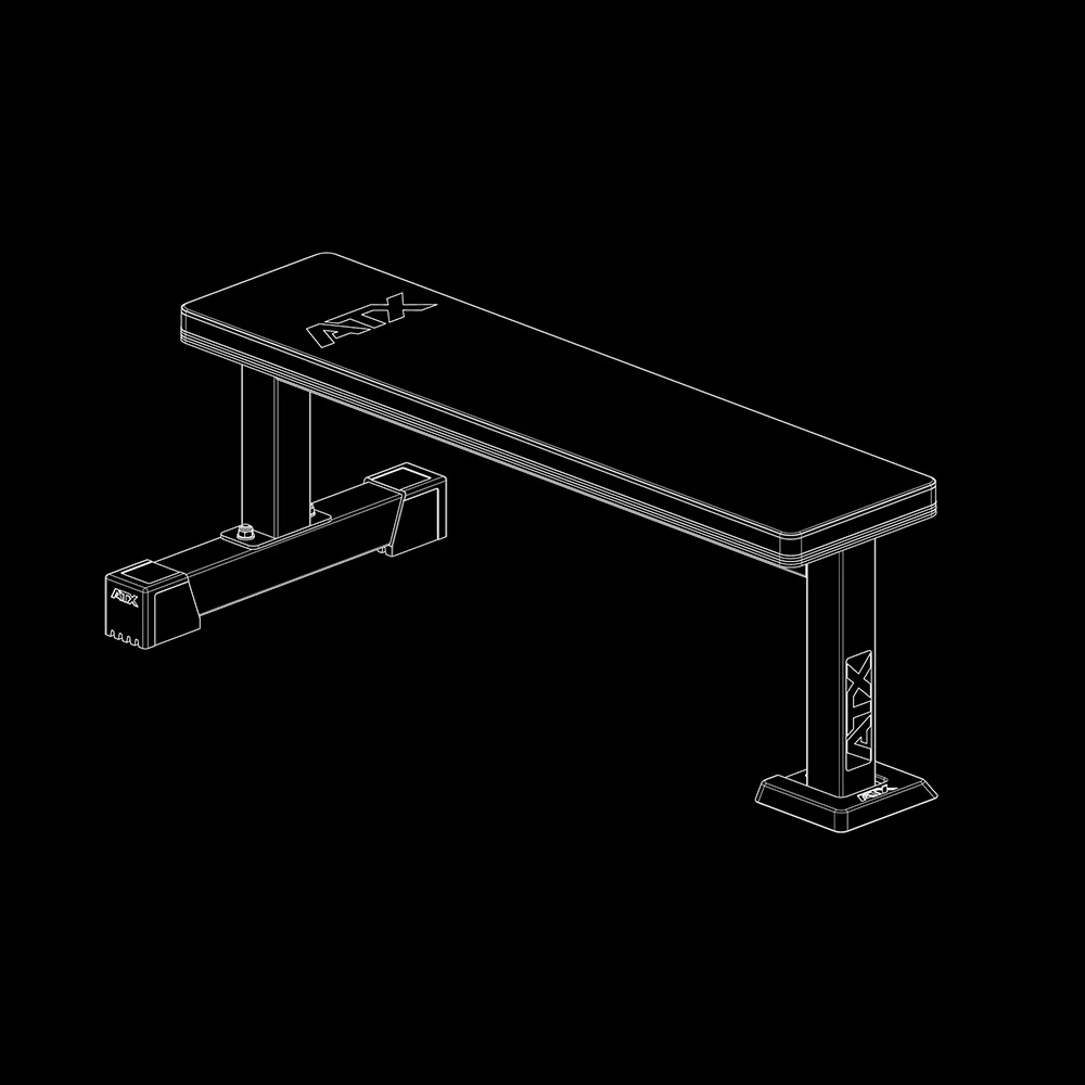 A white wireframe illustration of an ATX® Flat Bench PRO on a black background.