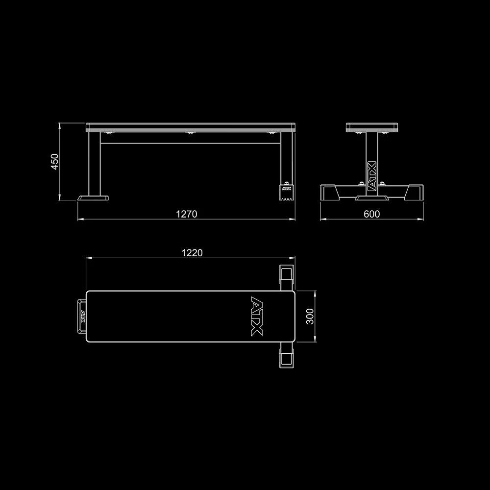 Technical line drawing of the ATX® Flat Bench PRO showing front, side, and top views with dimensions in millimeters.