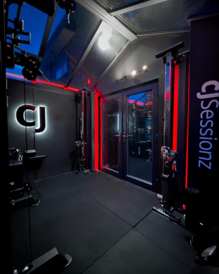 A modern gym room with black walls and red lighting features various exercise equipment, including a single cable machine. The glass door reflects more gym space, and the DJ Sessionz logo is visible on a banner near the entrance.