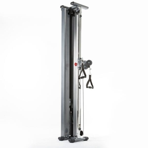 A vertical cable exercise machine with adjustable handles, designed for strength training. This sleek metallic cable trainer is wall-mounted and set against a plain white background, perfect for any modern workout space.