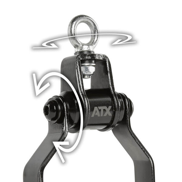 Close-up of the ATX® Stirrup Handle Blackline with swivel mechanism. The eye bolt at the top is shown with arrows for rotational movement, highlighting its design for fitness equipment, flexibility, and ease of use.