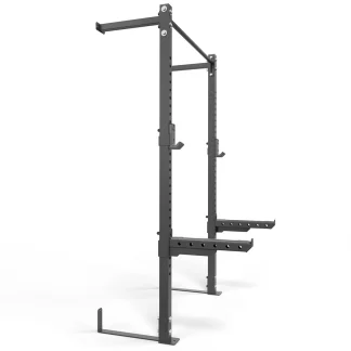 ATX® Wall Mounted Squat Rack made of metal, featuring a pull-up bar, J-hooks, and safety spotter arms.