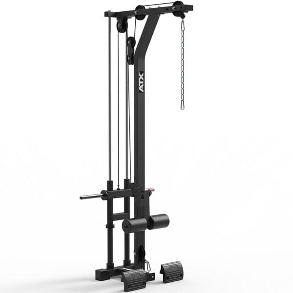 The ATX® Lat Option 650 Plate Loaded is a black multi-functional gym cable machine featuring pulleys, foot pedals, and a chain attachment for weightlifting and strength training, displayed against a plain white background.
