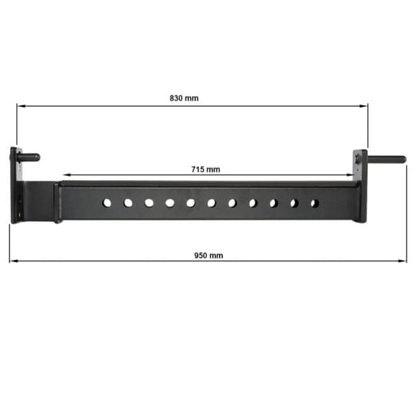 The black ATX® Spotter Bars 75cm are adjustable metal beams with holes, measuring 830 mm wide. They feature arrows showing a length of 715 mm and can extend to a maximum reach of 950 mm.