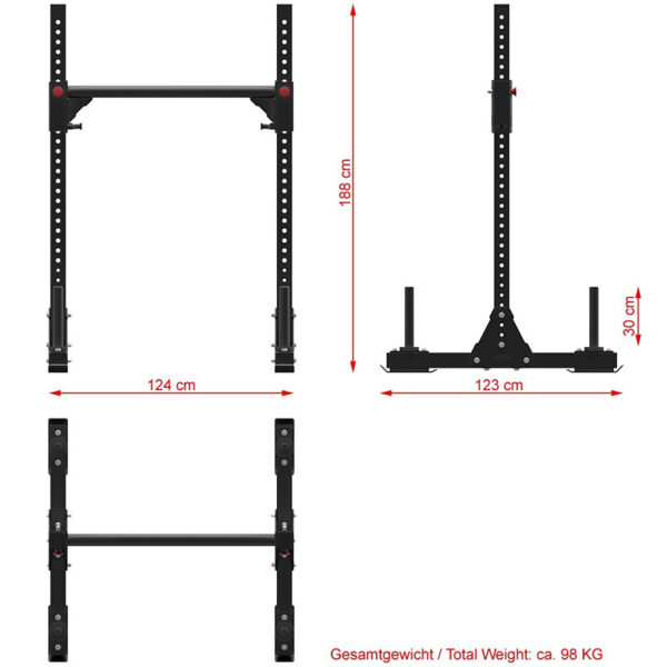 Diagram illustrating the dimensions of the ATX® Bulls Strongman Yoke: height 168 cm, width 124 cm, depth 123 cm, weight roughly 98 kg. Features adjustable holes and two base supports. Note: Product is discontinued.