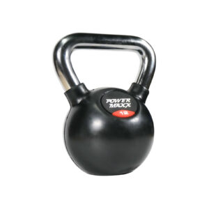 A black kettlebell with a shiny metallic handle displays the Power Maxx brand and the number 4 on its front, indicating its weight in kilograms.