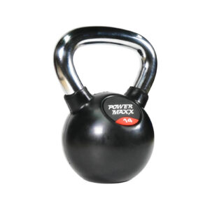 A black kettlebell featuring a shiny silver handle, labeled Power Maxx 4kg on the front.