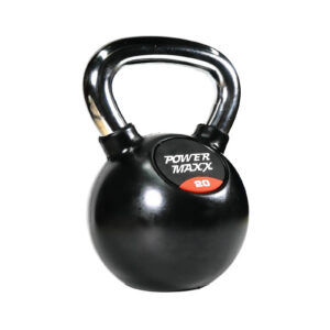 A black kettlebell with a silver handle, labeled Power Maxx 4kg in white and red text.