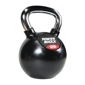 A 4kg black kettlebell with a shiny handle and a red and white Power Maxx label on the front.