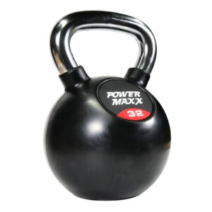 A black Power Maxx kettlebell with a shiny metallic handle features a front label displaying POWER MAXX and 32 in red.