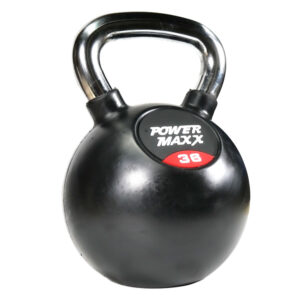 A black kettlebell with a shiny metal handle features a label saying Power Maxx 4kg Kettlebell.
