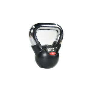 The Power Maxx 4kg Kettlebell is black with a shiny silver handle, and features POWER MAXX printed on the front, plus a red circle displaying the number 4.