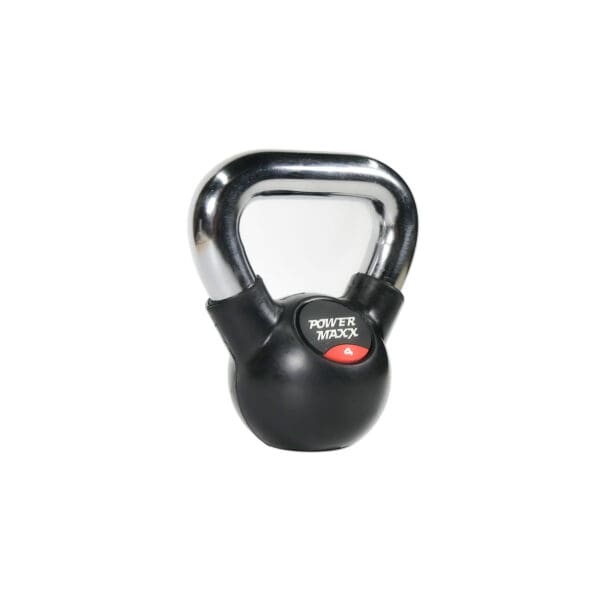 The Power Maxx 4kg Kettlebell is black with a shiny silver handle, and features POWER MAXX printed on the front, plus a red circle displaying the number 4.