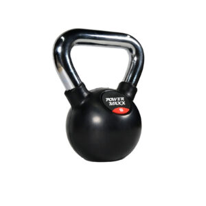 A black kettlebell with a chrome handle, labeled Power Maxx 4kg, displays the number 8 on its front.