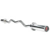 The Olympic EZ Curl Bar, with its wavy design ideal for weightlifting, features a chrome finish, bushings for weight attachment, and a logo on the end cap—all beautifully presented on a white background.