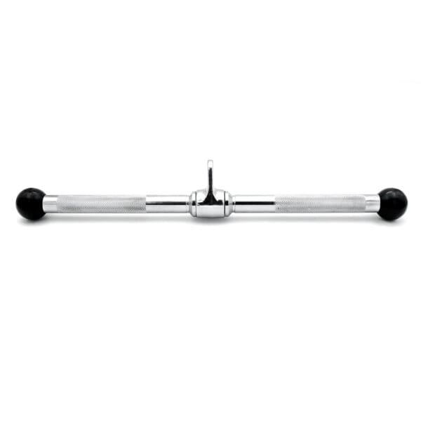 The Revolving Straight Bar is a chromed metal gym cable attachment with rubber grips on both ends, ideal for triceps press-downs. It features a central loop for pulley system connections.