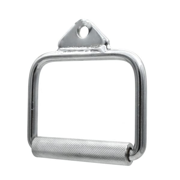 The Stirrup Handle is a metal D-handle with a knurled grip, ideal for cable machine workouts like rows or tricep extensions. It features a triangular attachment point for seamless cable connection.