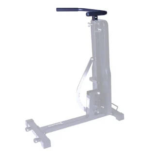 Ironmaster Dip Handles, a single black lever arm attachment for fitness machines, are shown mounted on a transparent, partially visible gym rack base. The attachment features a handlebar and multiple adjustment holes for varying height or angle.